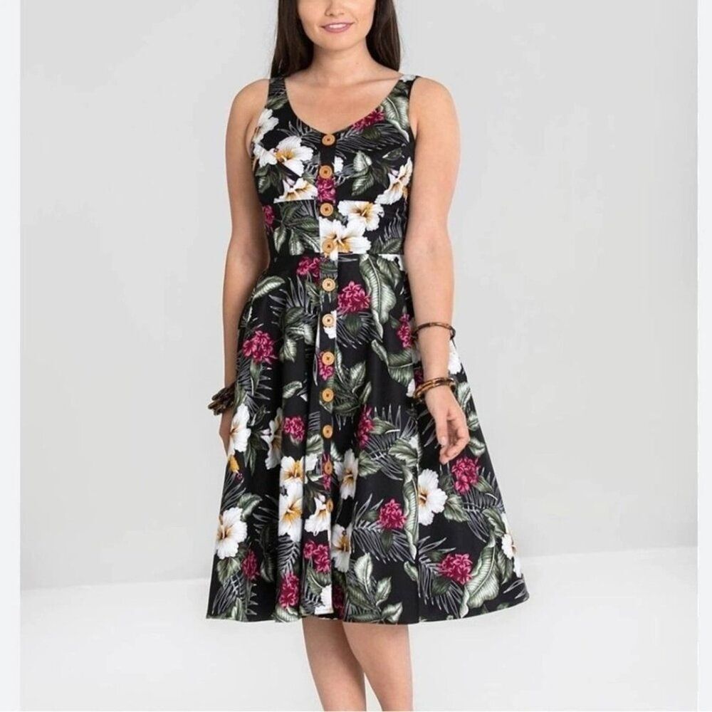 Hell Bunny Tahiti XS Tropical Floral 50s Retro Rockabilly Swing Hawaiian Dress